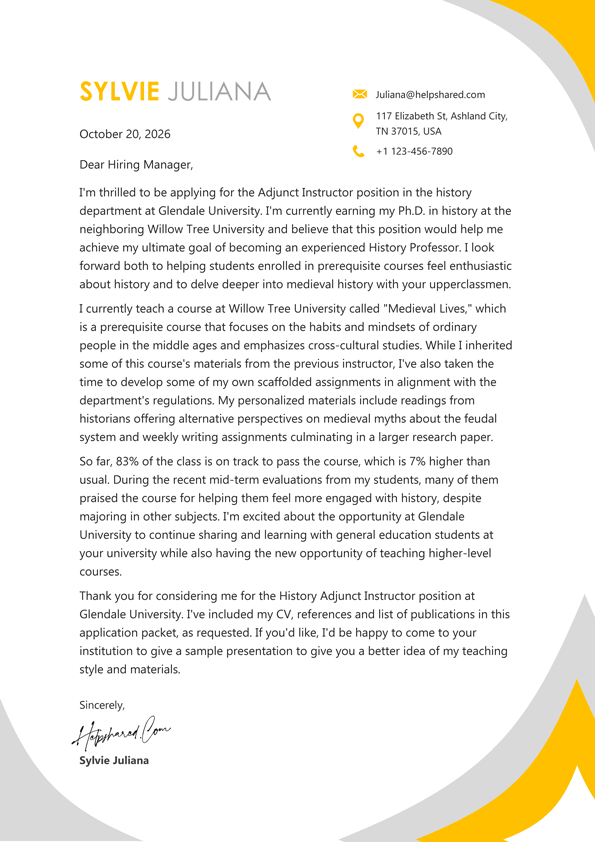 adjunct professor cover letter