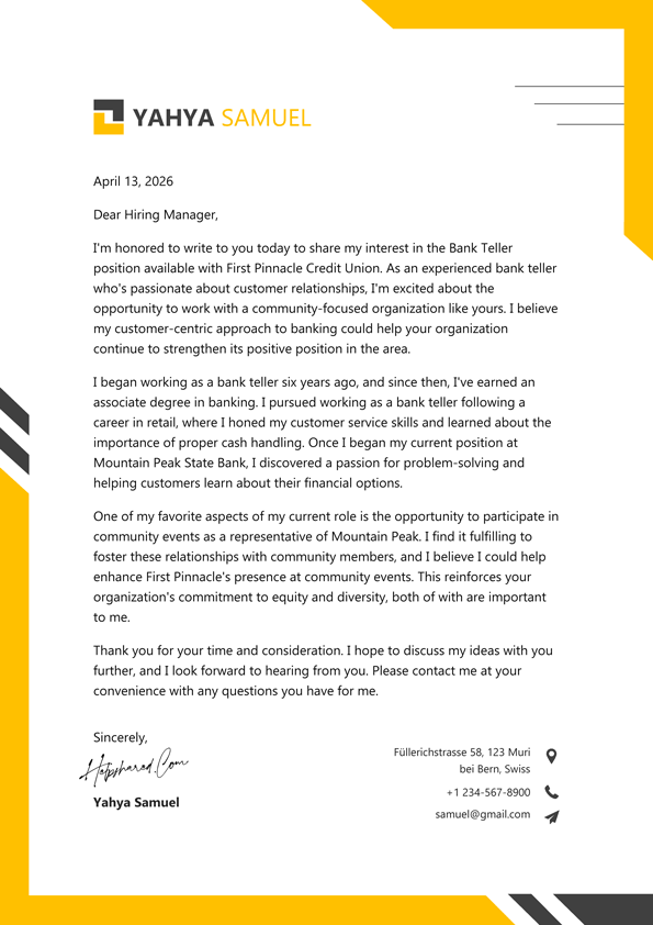 bank teller cover letter