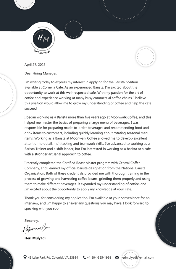 barista cover letter