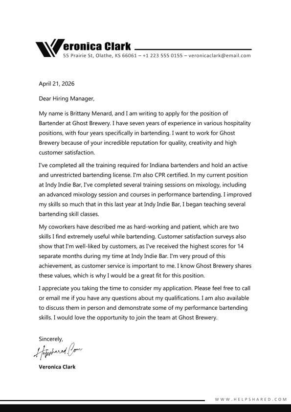 bartender cover letter