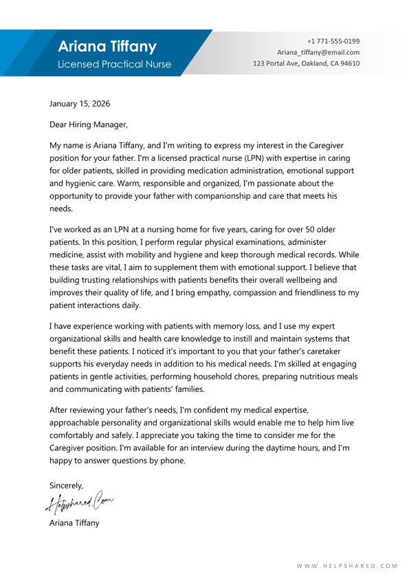 caregiver cover letter