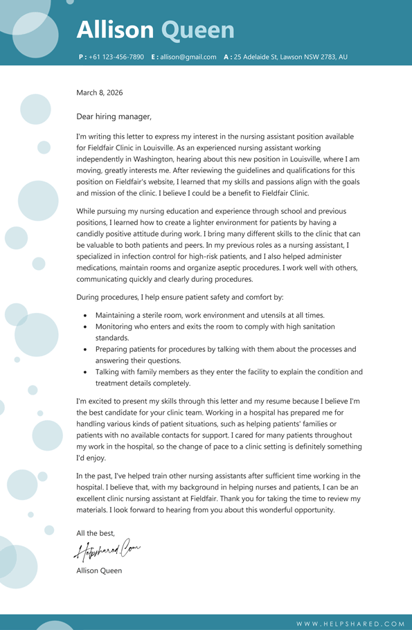 certified nursing assistant cover letter