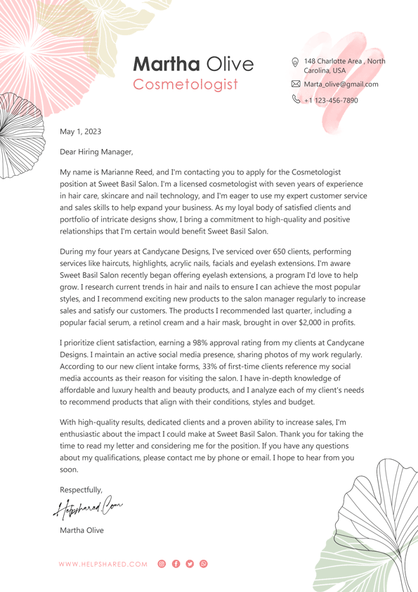 cosmetologist cover letter