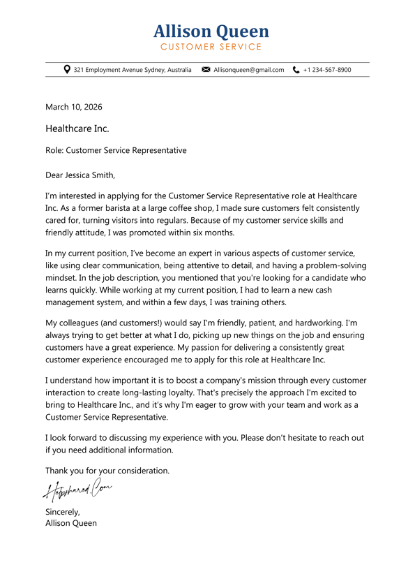 customer service cover letter