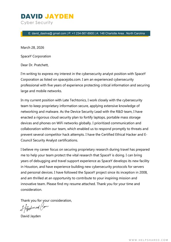 security cover letter