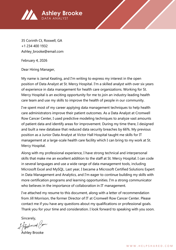 data analyst cover letter