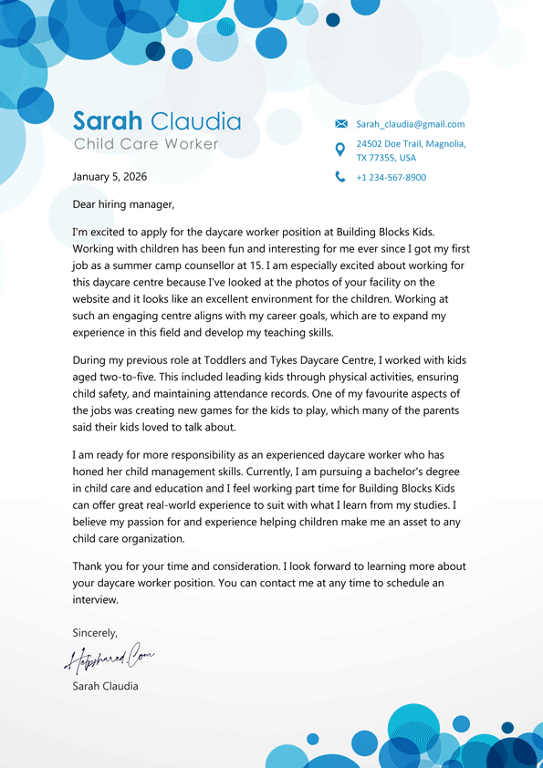 daycare cover letter