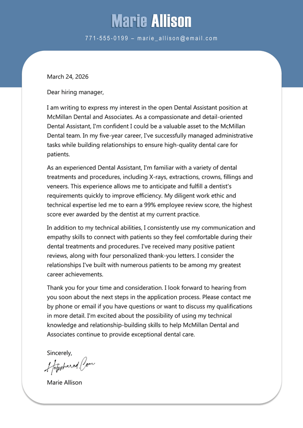 dental assistant cover letter