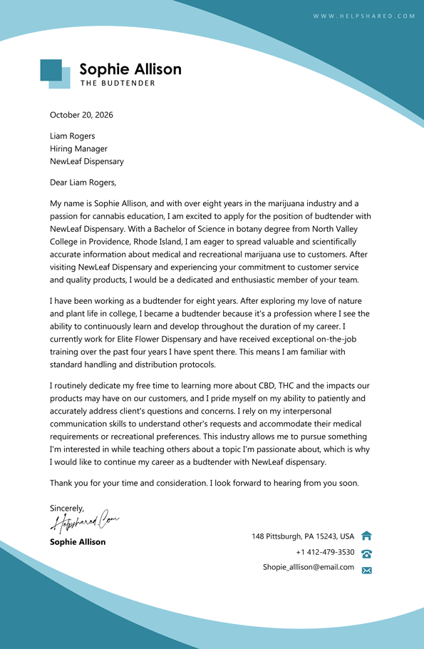 dispensary dudtender cover letter