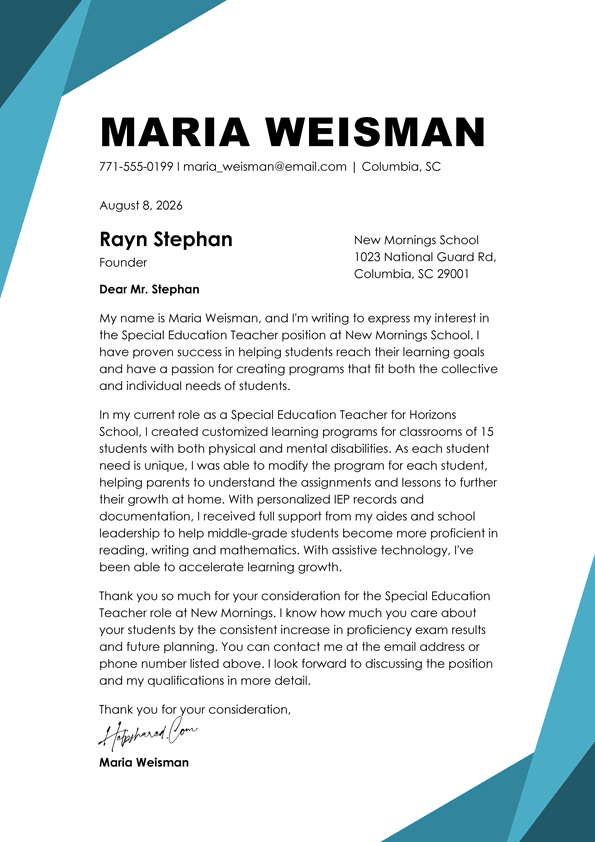 education cover letter
