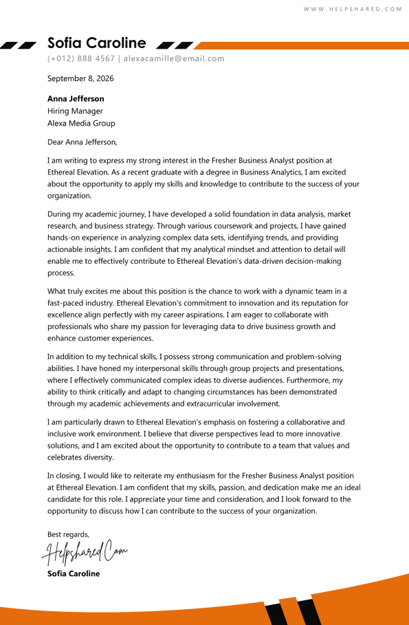 Cover letter for freshers business analyst
