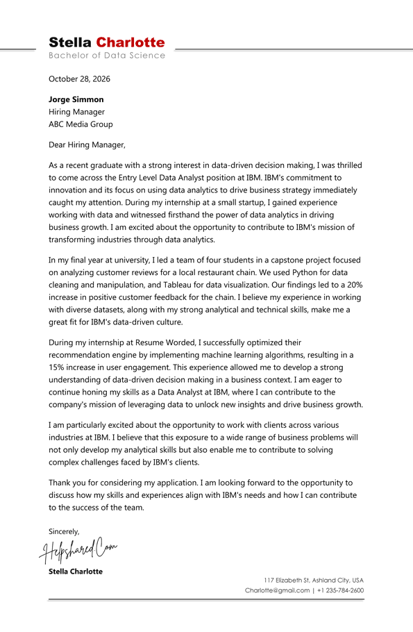 Cover letter for freshers data analyst