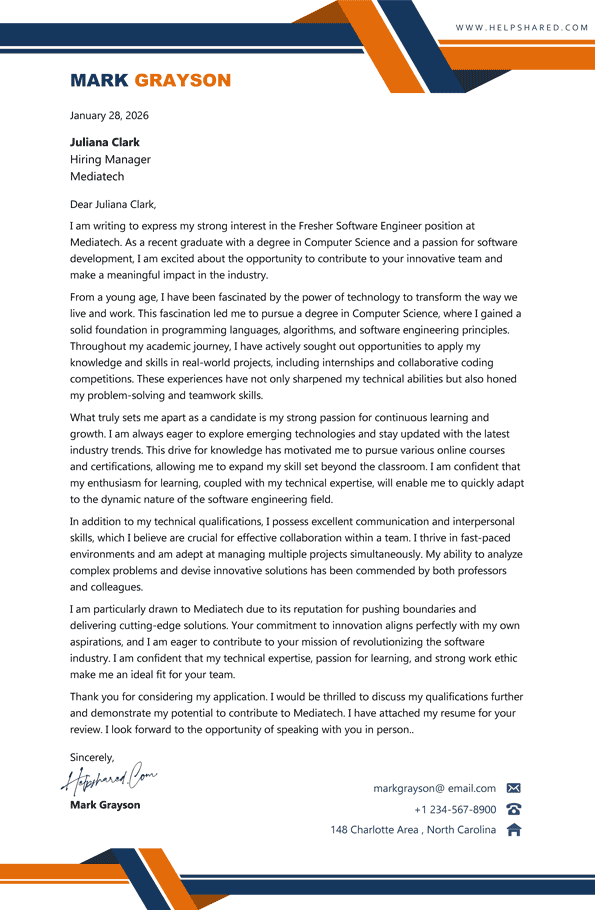 Cover letter for freshers software engineer