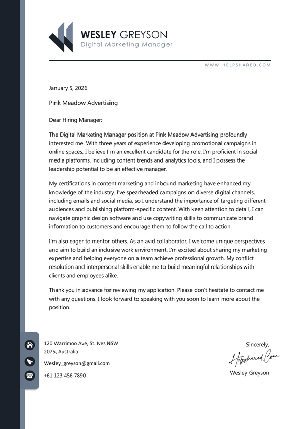 marketing manager cover letter