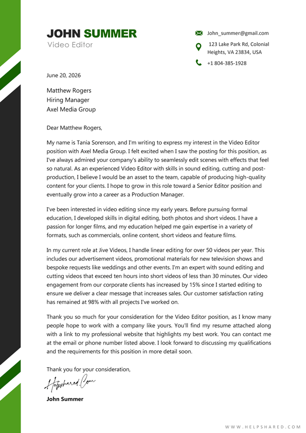 video editor cover letter