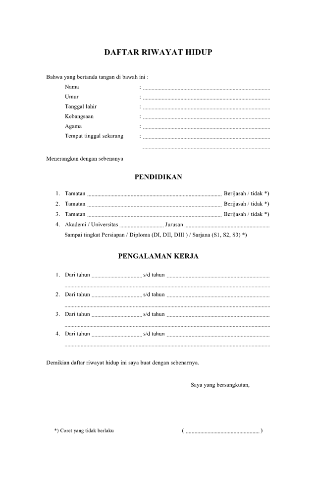 surat daftar riwayat hidup kosong