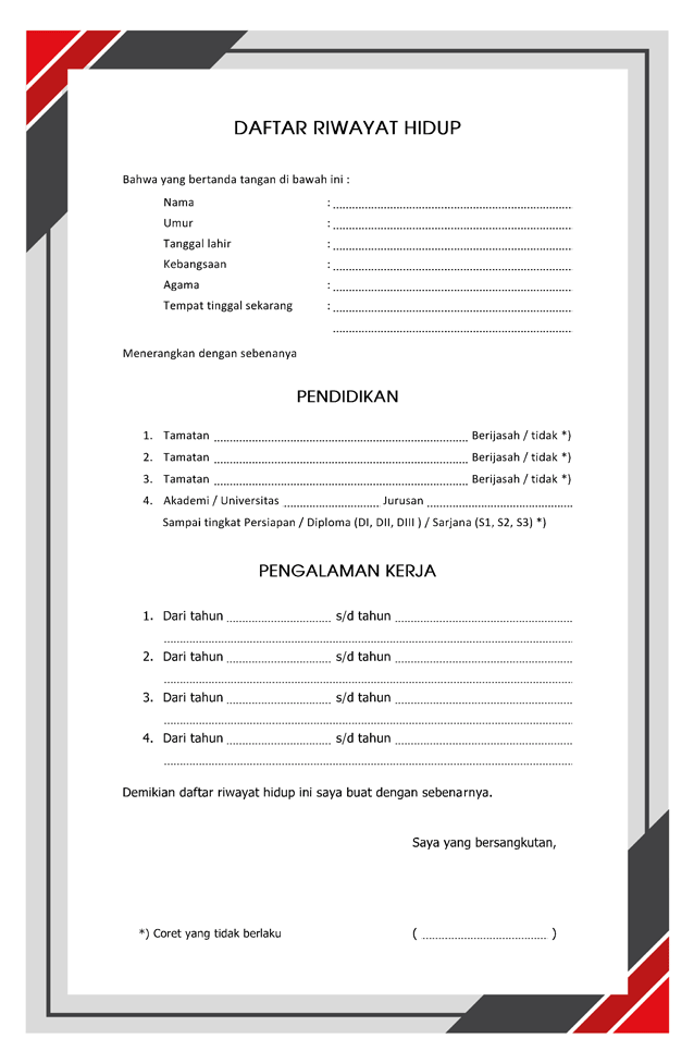 surat daftar riwayat hidup kosong