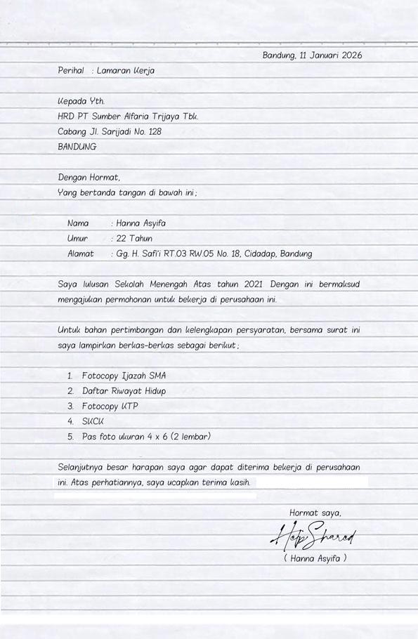 surat lamaran kerja tulis tangan simple pt belum berpengalaman surat lamaran kerja tulis tangan simple pt belum berpengalaman