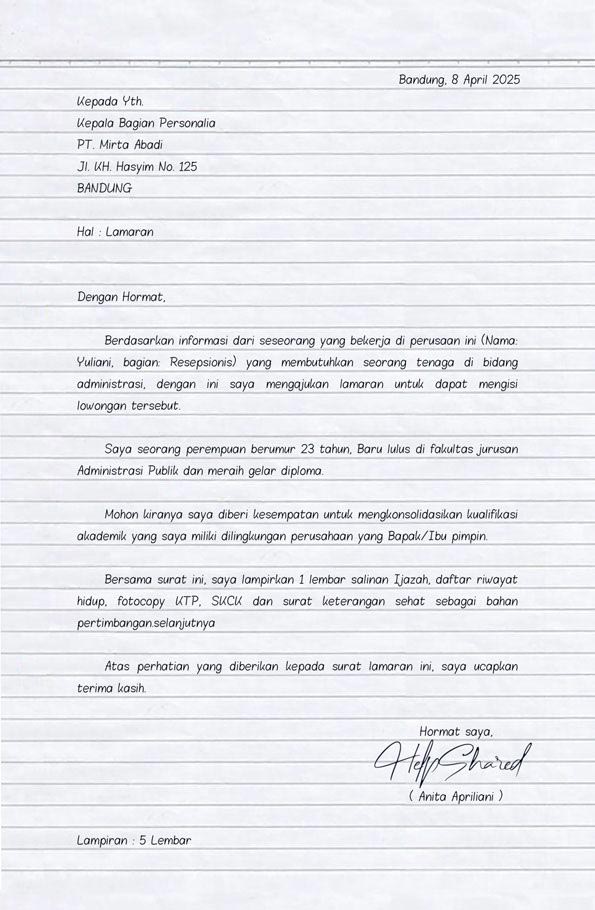 surat lamaran kerja tulis tangan belum berpengalaman surat lamaran kerja tulis tangan belum berpengalaman