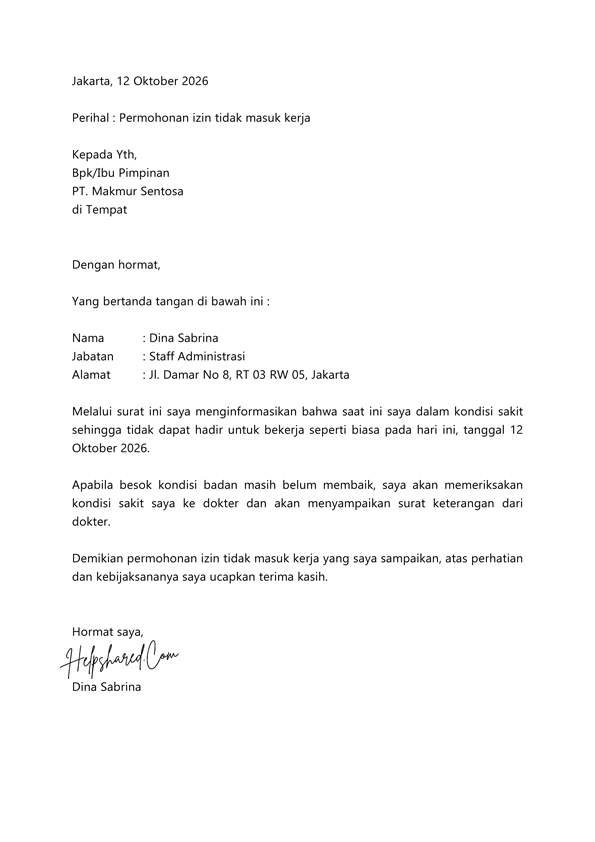 contoh surat Izin sakit kerja
