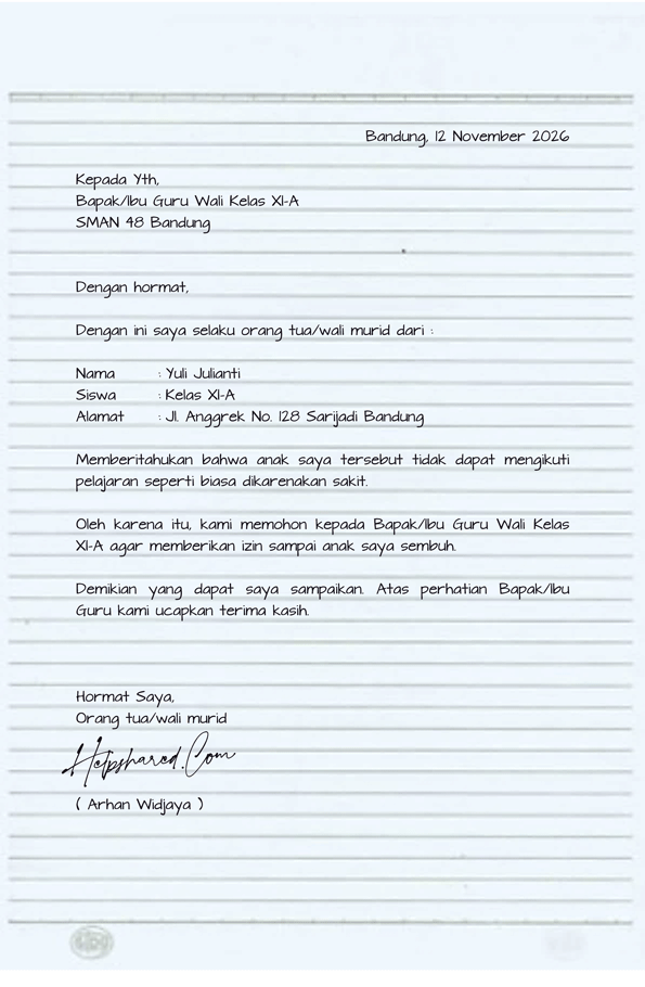 contoh surat Izin sakit sekolah tulis tangan