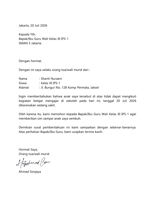 surat izin sakit tidak masuk sekolah